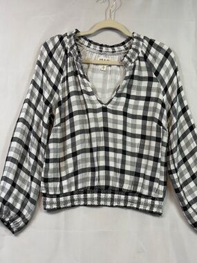 Cloth & Stone Anthropologie Blouse Top Size S Plaid Sara Long Slv Black White
